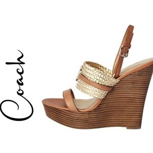 Coach Tan and Natural Woven Wedge Sandals